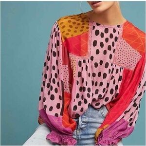 Impressions Pink Mixed Multi Print Elastic Cuff Blouse